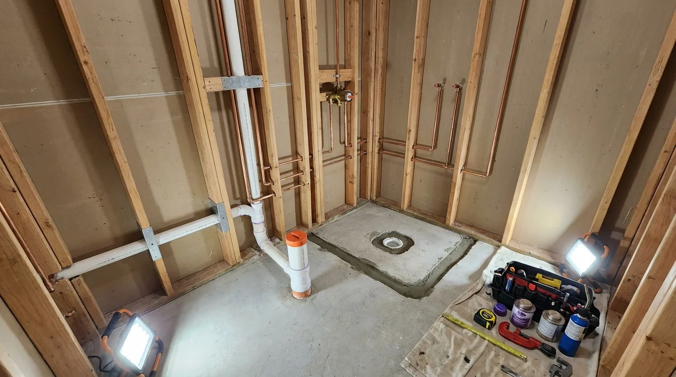 Bathroom rough-in plumbing during remodel by Johns Plumbing LLC in Lake Pleasant