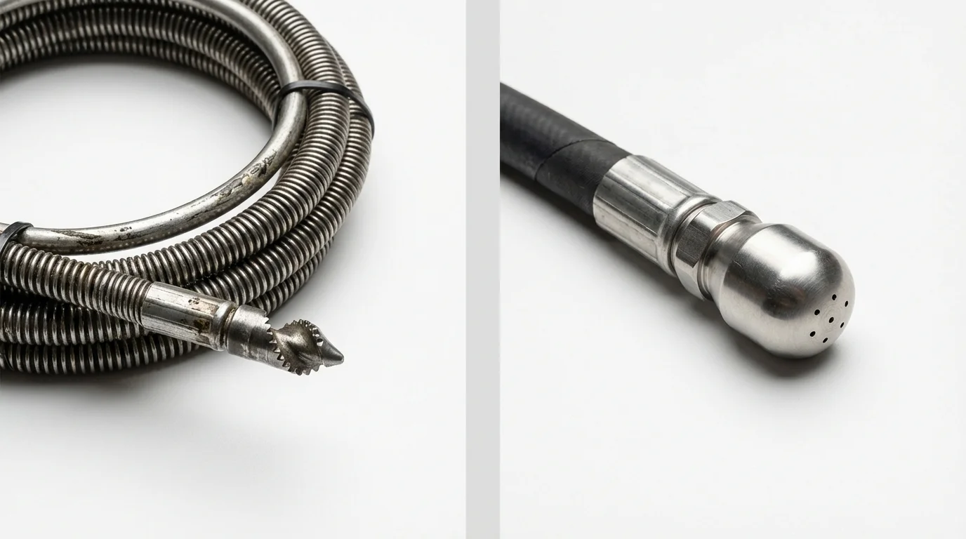Drain snake cable and hydro jetting nozzle used for drain cleaning in Lake Pleasant, NY
