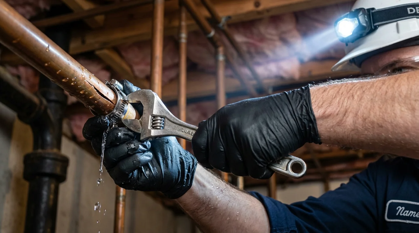 Emergency pipe clamp repair being performed by a Johns Plumbing LLC plumber in Lake Pleasant