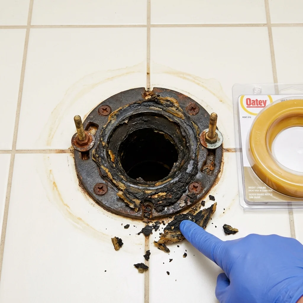 Failed wax ring showing water seepage at the base of a toilet in a Lake Pleasant, NY home
