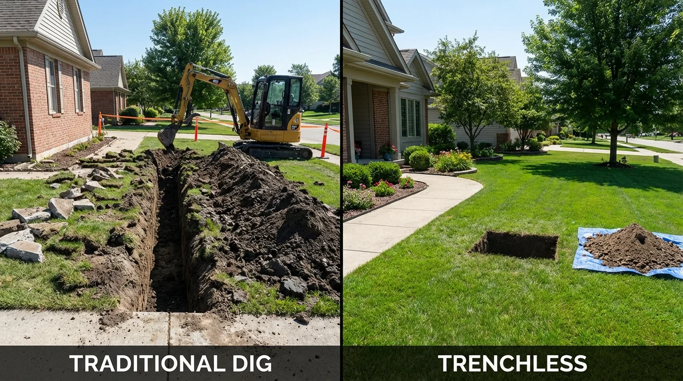 Trenchless sewer repair with minimal yard damage versus traditional excavation in Lake Pleasant, NY