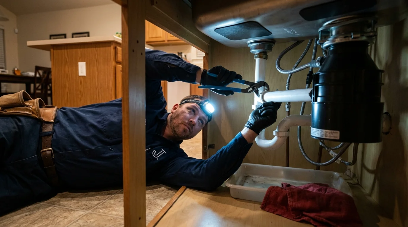 P-trap and supply line connections under a kitchen sink showing a common leak point in Lake Pleasant, NY